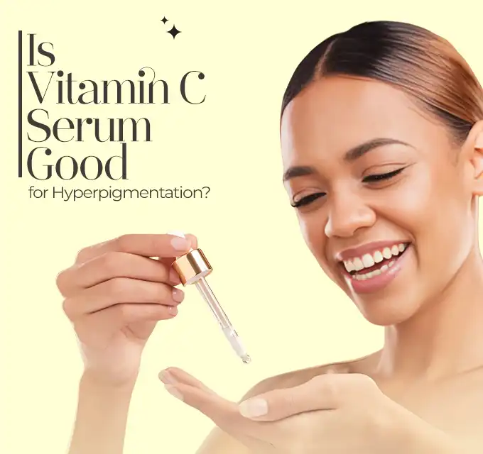 Woman holding a dropper bottle asking is vitamin c serum good for hyperpigmentation, demonstrating the application of the best vitamin c serum for hyperpigmentation.