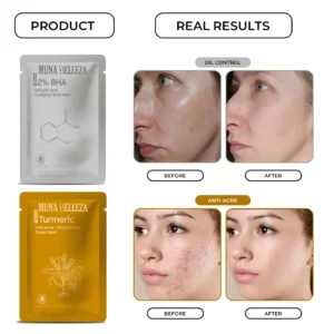 The five Korean sheet masks in the Muna Belleza pack laid out, showing each mask type