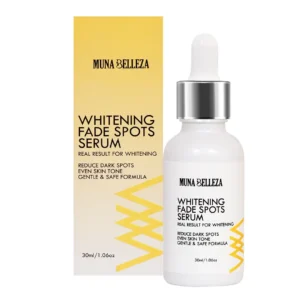 Muna Belleza Whitening Fade Spots Serum 30ml bottle and box — a powerful skin brightening serum and whitening serum formulated as a dark spot corrector